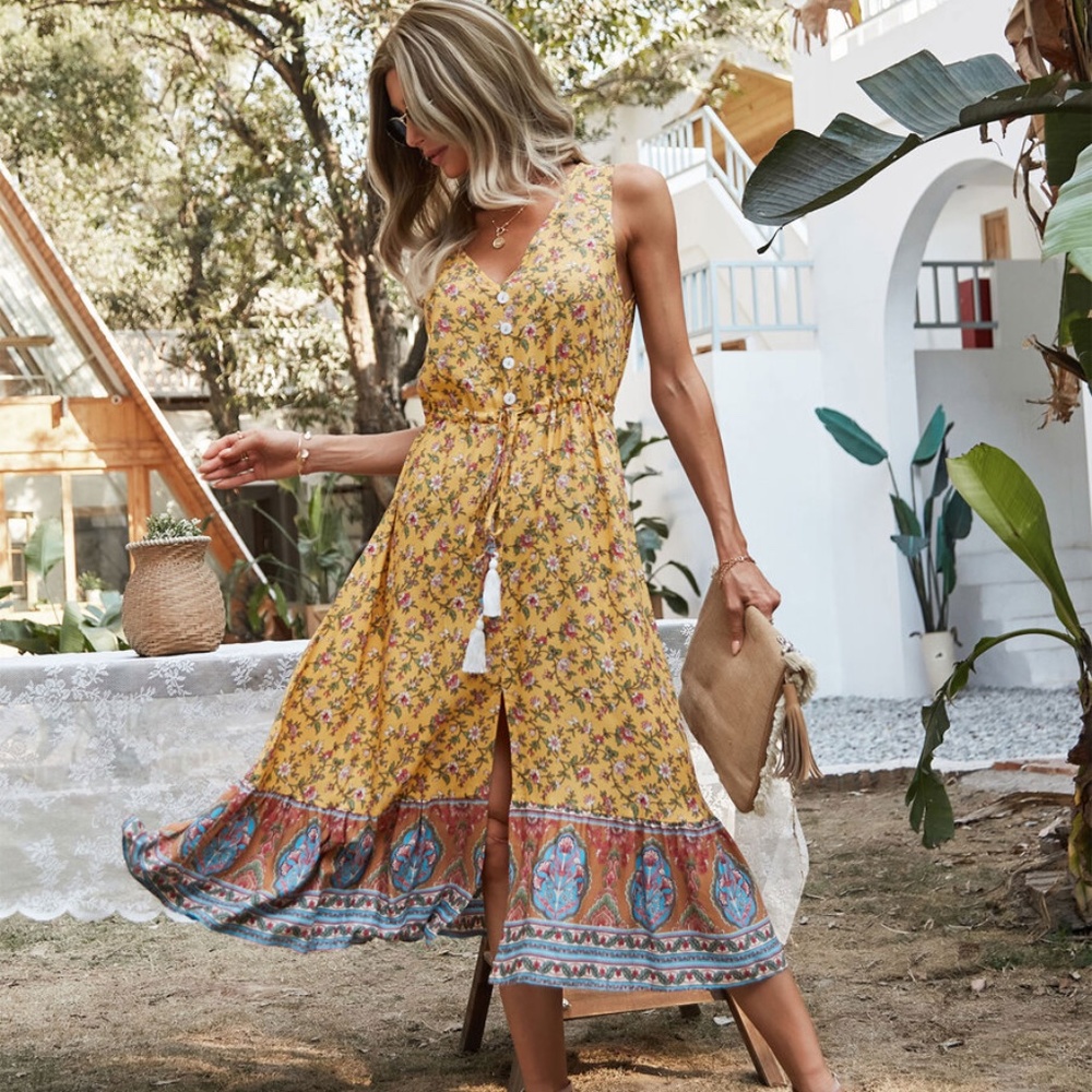 boho v neck tassel floral A line yellow dress - Picture 1 of 9
